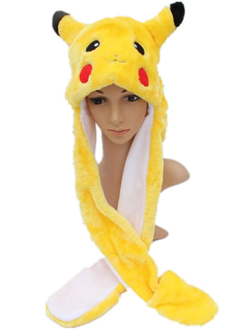 Pikachu Cartoon Plush Animal Faux Fur Full Hood Kids Hat Women Children Costume Beanie with Long Scarf Mittens Gloves Earmuffs